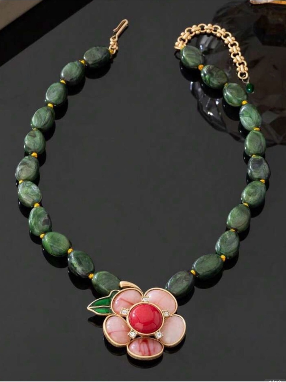 Green Beaded Necklace with Pink Flower Pendant